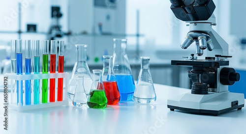 Scientific laboratory with a microscope and beakers with colorful liquids.