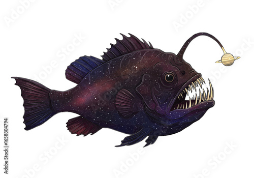 Illustration of a cosmic anglerfish with sharp teeth and a planet lure on a white background on transparent background