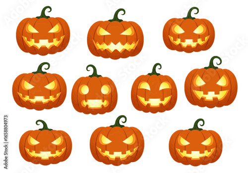 Arrangement of ten halloween pumpkins with various carved faces and glowing light inside them displayed well 100 on transparent background