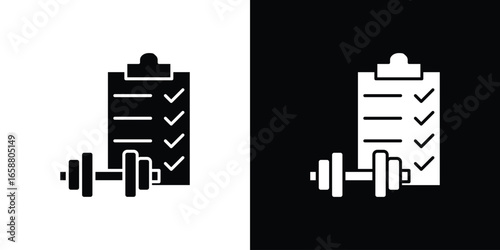 Dumbbell and Checklist Icon, Isolated on White Background