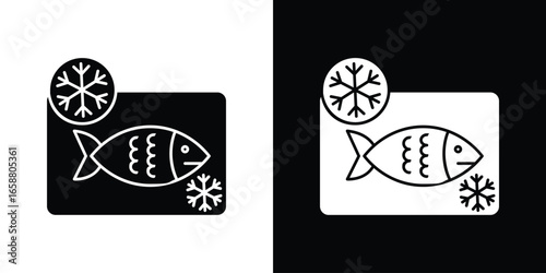 Frozen Fish Icon with Snowflakes, Isolated on White and Black Background
