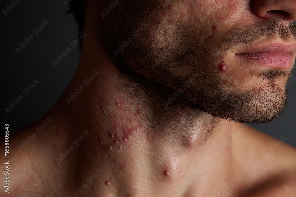 Obraz premium Illustrate a male patient s skin issues including allergies hives dermatitis dark spots acne freckles blemishes blackheads and pimples in a healthcare context