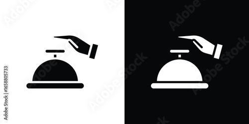Service Bell Icon with Hand, Isolated on White and Black Background