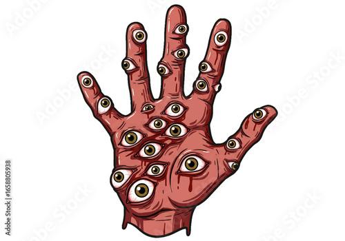 Illustration of a hand covered in eyes with a pinkish hue and dark outlines on a white background on transparent background