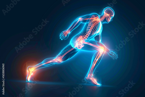 Digital illustration showing young human skeleton in running pose with highlighted joints, transparent muscles and bones , anatomical visualization emphasizing movement and biomechanics