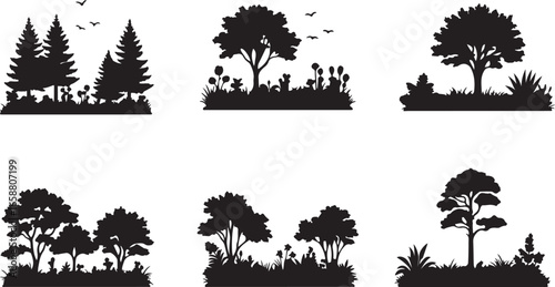 Forest silhouette collection with trees and grass on white background