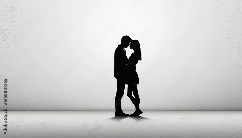 Obraz premium Romantic silhouette of a couple embracing, representing love, connection, and intimacy in a minimalist design, perfect for emotional storytelling