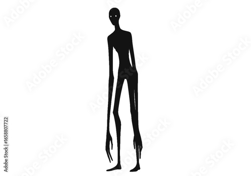Silhouette of a tall slender figure with long limbs and a small head standing against white space on transparent background