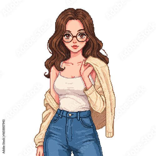Pixel art of a woman with brown hair wearing glasses and a cardigan over a white tank top and jeans on transparent background