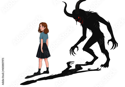 A girl facing away with a shadow of a demonic monster with horns and red eyes behind her back on transparent background