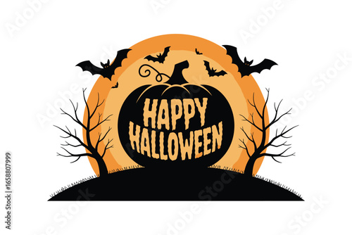 Happy Halloween Text with Pumpkin Bats and Bare Trees Silhouette lettering
