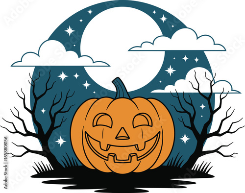 Jack- O- Lantern Under Starry Night Sky With Moon And Clouds halloween jack-o-lantern
