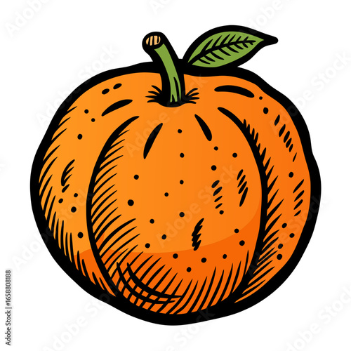 Fresh juicy orange fruit with green stem and leaf, vibrant illustration perfect for healthy eating and food-related themes, artistic design