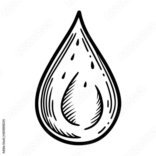 Hand-drawn ink droplet illustration with textured interior, perfect for environmental, health, and nature projects, conveying freshness and purity.