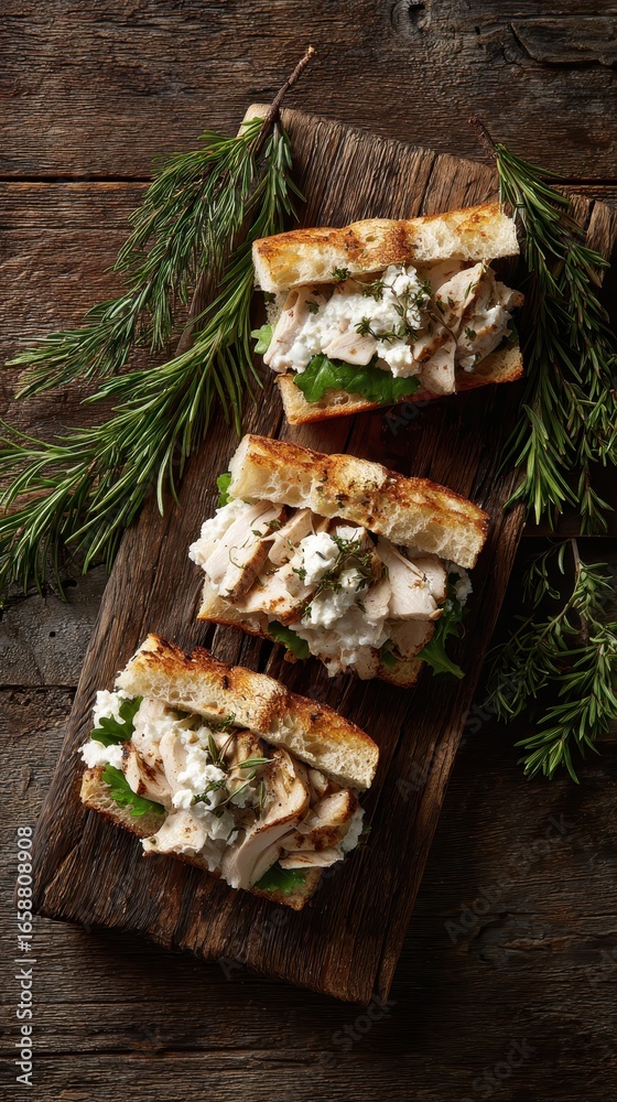 Fototapeta premium Three herb-topped grilled chicken sandwiches on a wooden board with greenery