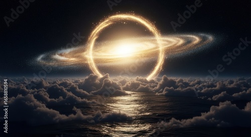 Cosmic Ring of Light Above Clouds on Water