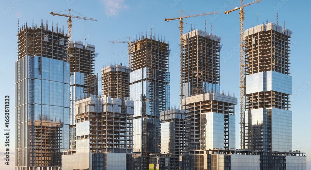 Fototapeta premium 3D rendering of a skyscraper under construction, no people and no vehicles, morning atmosphere with soft sunrise light, realistic details, modern architecture, clean composition, no text