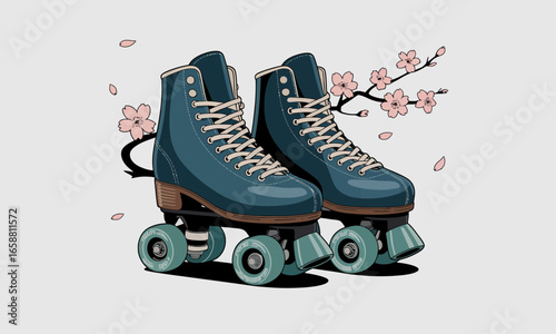 Retro roller skates illustration with cherry blossoms, vintage style design showcasing leisure and recreation with a nod to nostalgic fun and springtime vibes