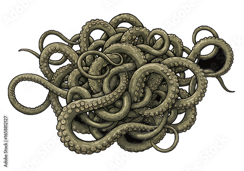 A tangled mass of olive green octopus tentacles with visible suckers in a chaotic arrangement on transparent background