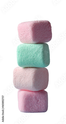 Stack of pastel-colored marshmallows.  Four square, fluffy marshmallows are vertically stacked;  pale pink, light mint-green, and pink.  Isolated on black