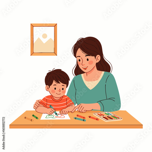 A caring mother patiently guides her young son as they enjoy a fun art activity together at a wooden table.