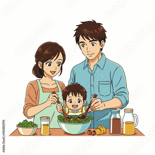 A heartwarming anime family, featuring a smiling mother, father, and their child, joyfully prepares a fresh, healthy salad together, symbolizing healthy living and domestic harmony.