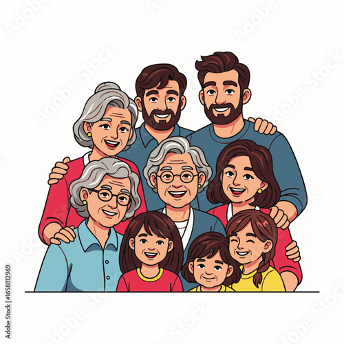 A vibrant illustration captures a happy multi-generational family portrait, embracing with smiles, symbolizing love, unity, and strong intergenerational bonds.