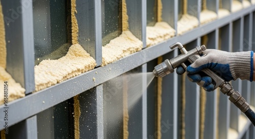 Worker applying spray foam insulation on steel structure for thermal efficiency