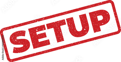 Red rubber stamp imprint with the word SETUP and a distressed texture