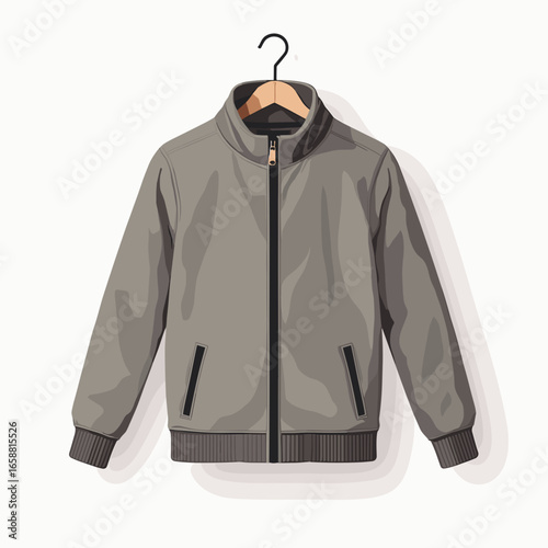 Gray fleece jacket hanging on coat rack in minimal style  