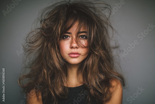 Close up photo of a young woman with tousled hair against a gray background