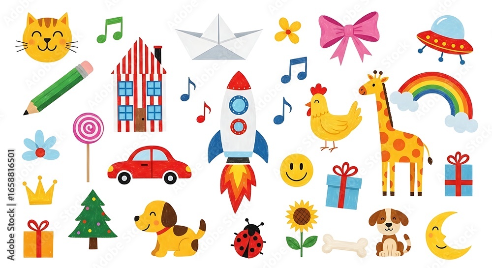 Fototapeta premium Illustration collection of cute cartoon icons for children, isolated on white background