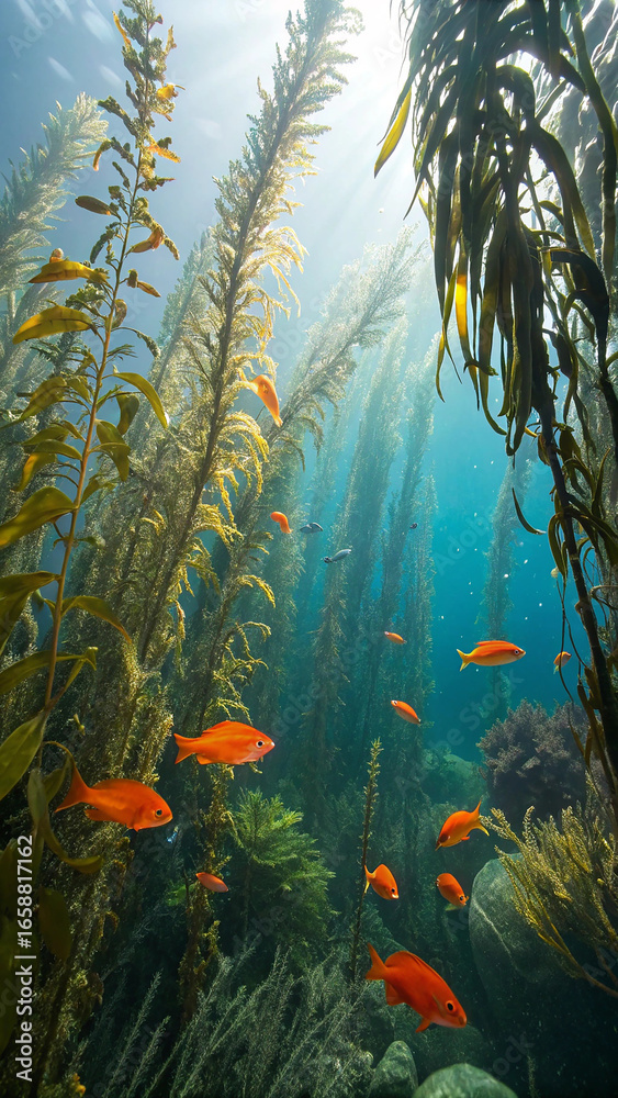 Naklejka premium Marine Life Habitat with Garibaldi Fish in California Kelp Forest