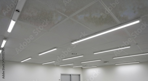 天井に均等に配置された蛍光灯が、室内を明るく照らしています。