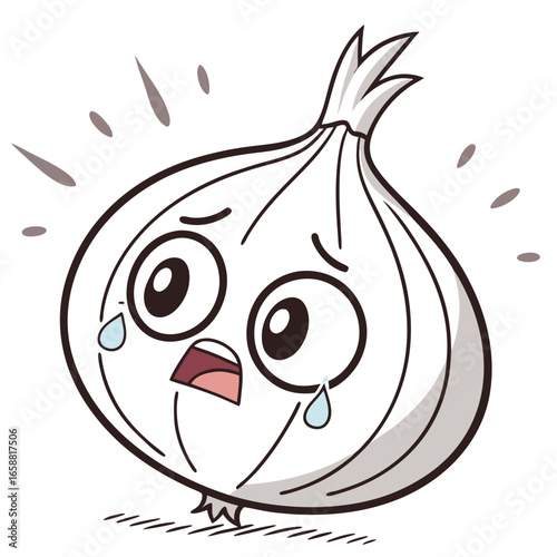 Cartoon onion character crying with tears running down its face expressing sadness and emotion in a cute and funny way for food related designs