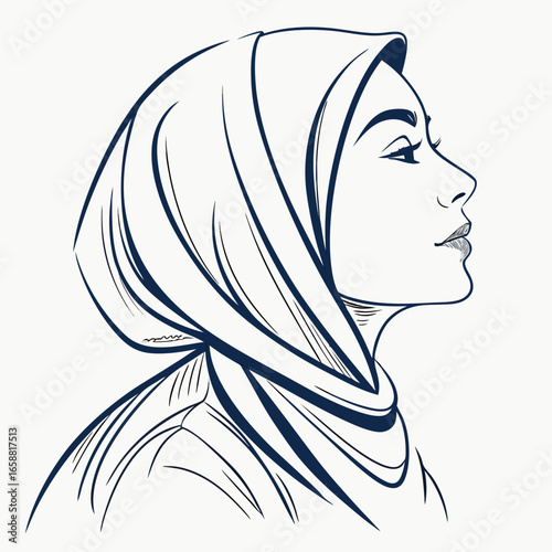 Elegant line art illustration of a muslim woman wearing a hijab headscarf in profile view showcasing islamic fashion and cultural representation with grace and style