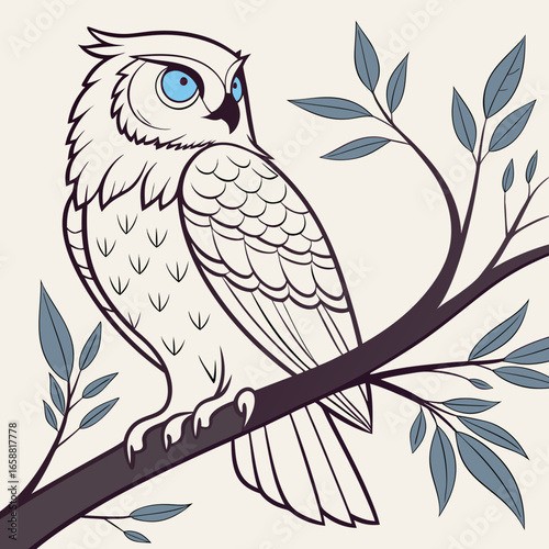 Owl with blue eyes perched on a branch illustration vector design for nature lovers and bird watchers looking for a unique and artistic graphic