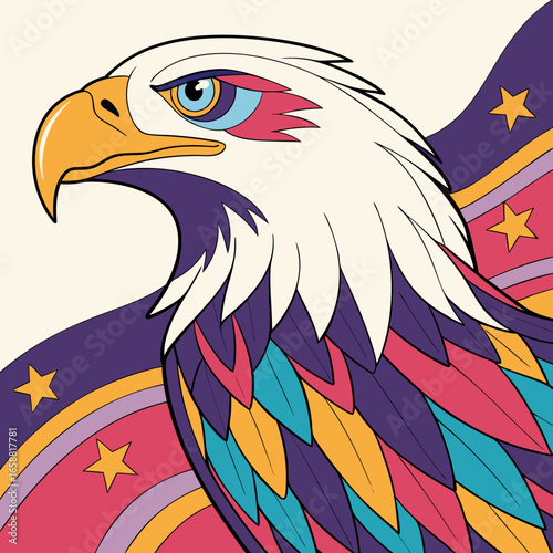 Stylized eagle illustration with vibrant feathers and star accents for patriotic designs and american themes perfect for branding and creative projects