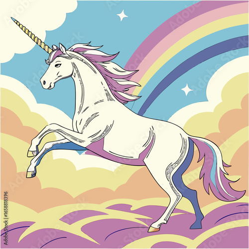 Whimsical unicorn prancing through pastel skies with a vibrant rainbow and sparkling stars in a dreamy fantasy illustration for children's designs