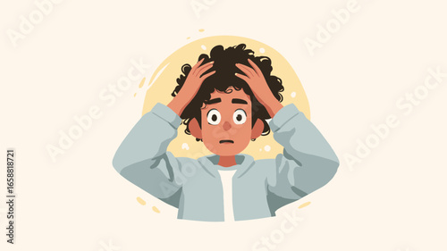 Anxious Young Person with Curly Hair Hands on Head Worried Expression.