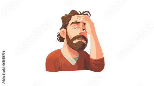 Frustrated bearded man with a headache hand on his forehead A stylized cartoon illustration of exhaustion and stress.