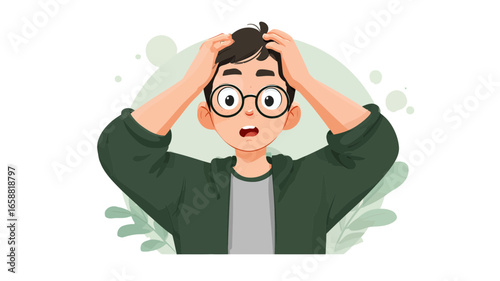Shocked cartoon boy with glasses and a green hoodie holding his head in panic and disbelief.