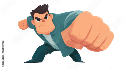 Furious cartoon man in a teal jacket with an oversized fist punching towards the viewer.