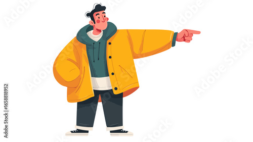 Stylized cartoon man in a vibrant yellow oversized jacket and teal hoodie pointing his finger.