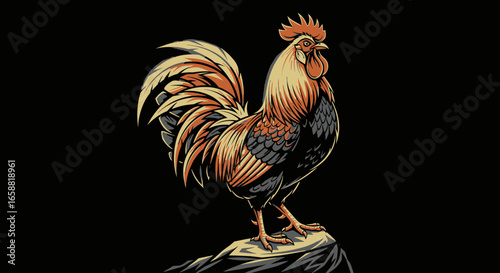 Majestic rooster with vibrant orange and cream plumage in a bold graphic style.