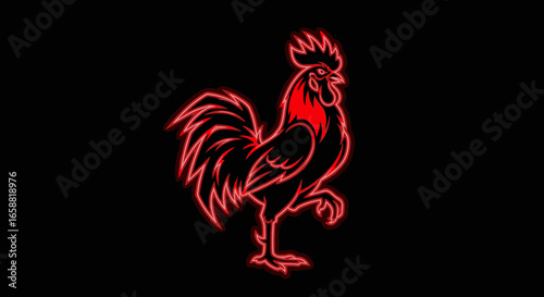 Striking Red Neon Rooster Standing Proudly on One Leg.