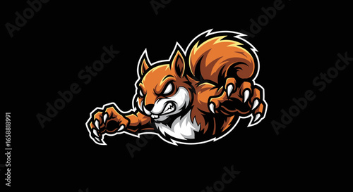 Fierce orange squirrel mascot in a dynamic attack pose with sharp claws and bared teeth.