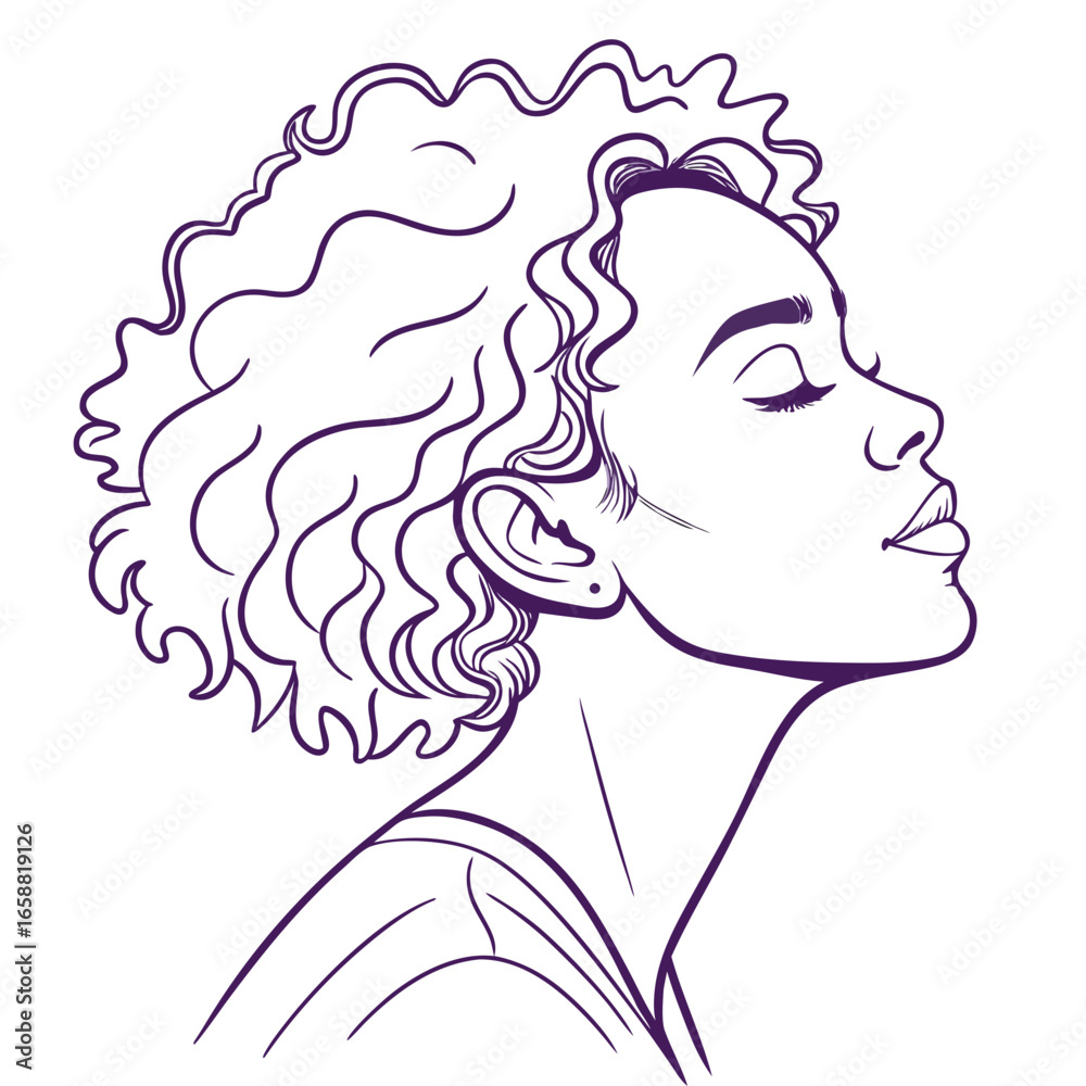 Line art of a serene woman with curly hair enjoying a peaceful moment of relaxation and reflection in a minimalist style drawing for wellness and beauty projects Line art of a serene woman with curly hair enjoying a peaceful moment of relaxation and reflection in a minimalist style drawing for wellness and beauty projects