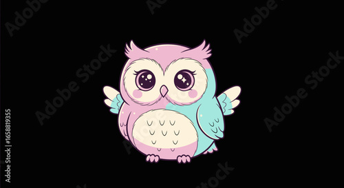 A cute chubby cartoon owl in pastel pink and blue with large sparkling animestyle eyes.
