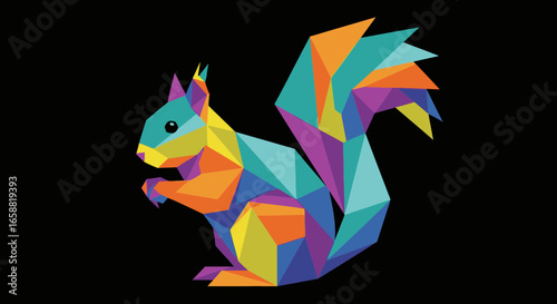 Geometric Squirrel Illustration with Vibrant Polygonal Design on Black Background.